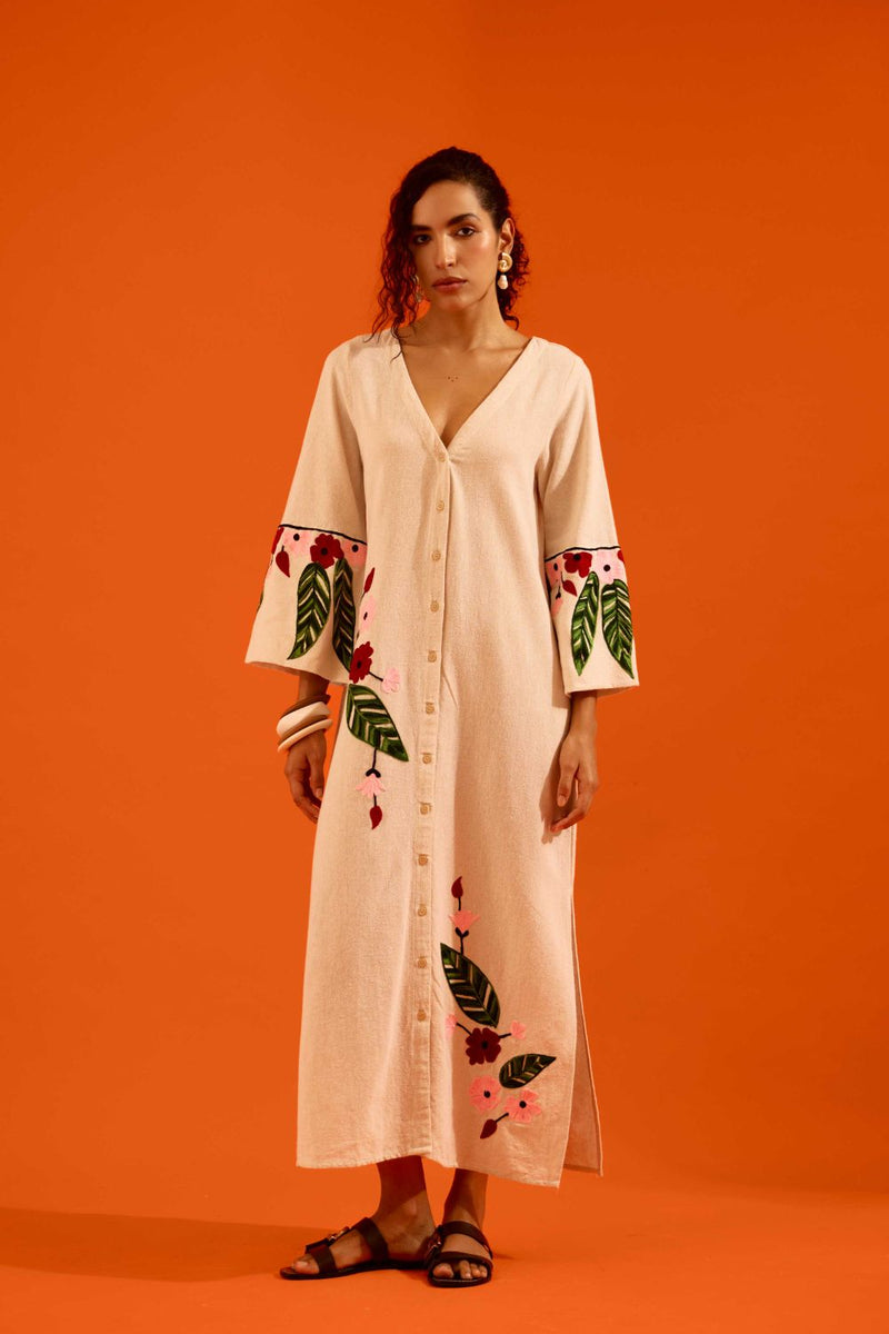 Natural Jute Maxi Dress With Multi Color Floral Thread Embroidery Buy Natural Jute Maxi Dress With Multi Color Floral Thread Embroidery from C&W | Dresses for Women by Indian Summer Story in beige color for women in Singapore