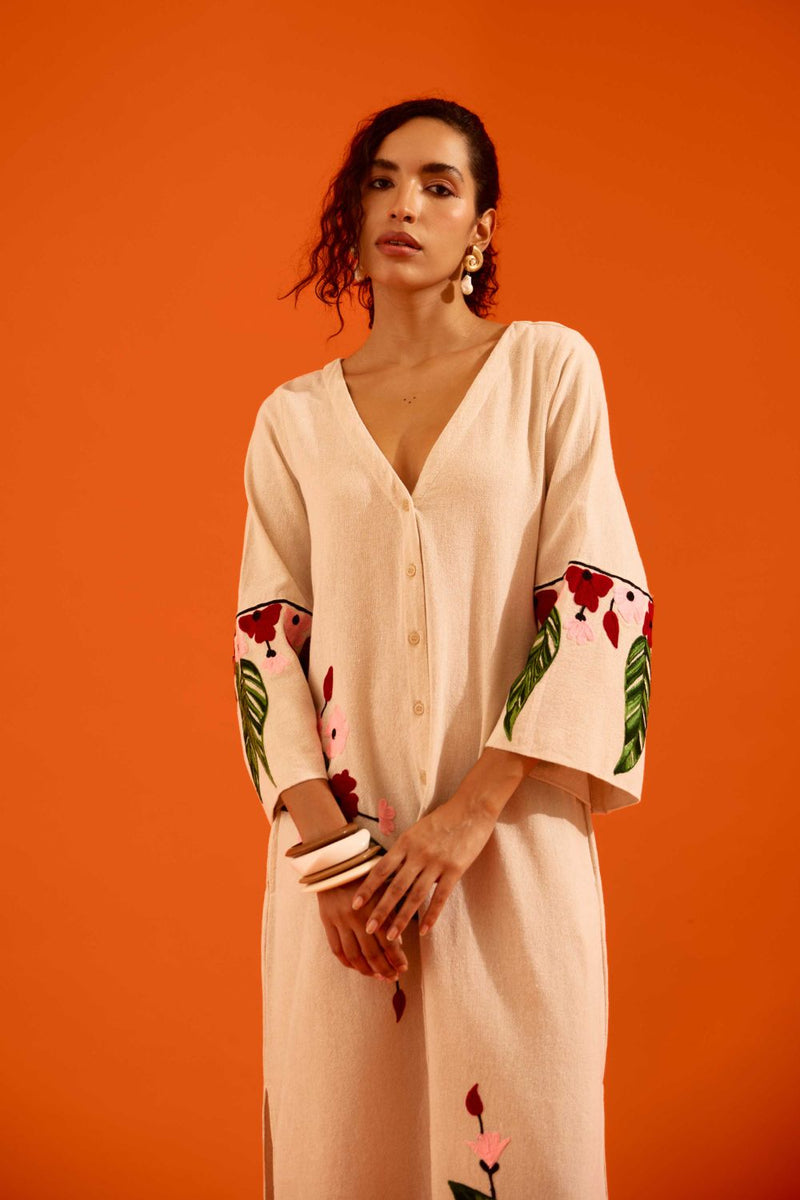 Natural Jute Maxi Dress With Multi Color Floral Thread Embroidery Buy Natural Jute Maxi Dress With Multi Color Floral Thread Embroidery from C&W | Dresses for Women by Indian Summer Story in beige color for women in Singapore