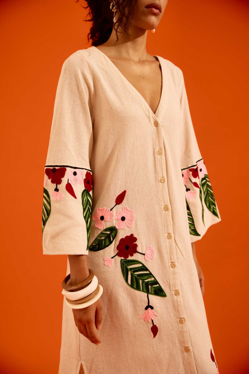 Natural Jute Maxi Dress With Multi Color Floral Thread Embroidery Buy Natural Jute Maxi Dress With Multi Color Floral Thread Embroidery from C&W | Dresses for Women by Indian Summer Story in beige color for women in Singapore