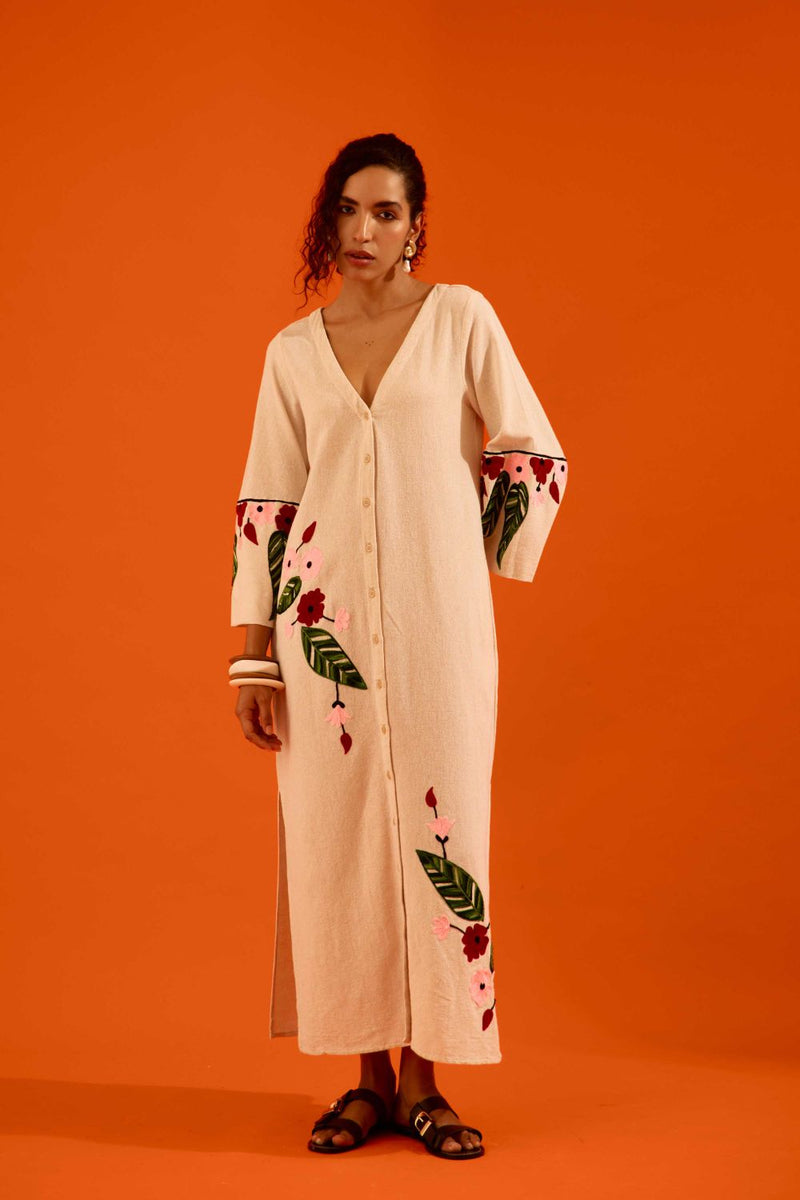 Natural Jute Maxi Dress With Multi Color Floral Thread Embroidery Buy Natural Jute Maxi Dress With Multi Color Floral Thread Embroidery from C&W | Dresses for Women by Indian Summer Story in beige color for women in Singapore