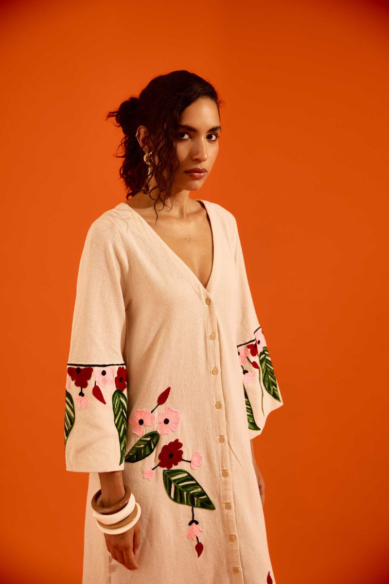 Natural Jute Maxi Dress With Multi Color Floral Thread Embroidery Buy Natural Jute Maxi Dress With Multi Color Floral Thread Embroidery from C&W | Dresses for Women by Indian Summer Story in beige color for women in Singapore