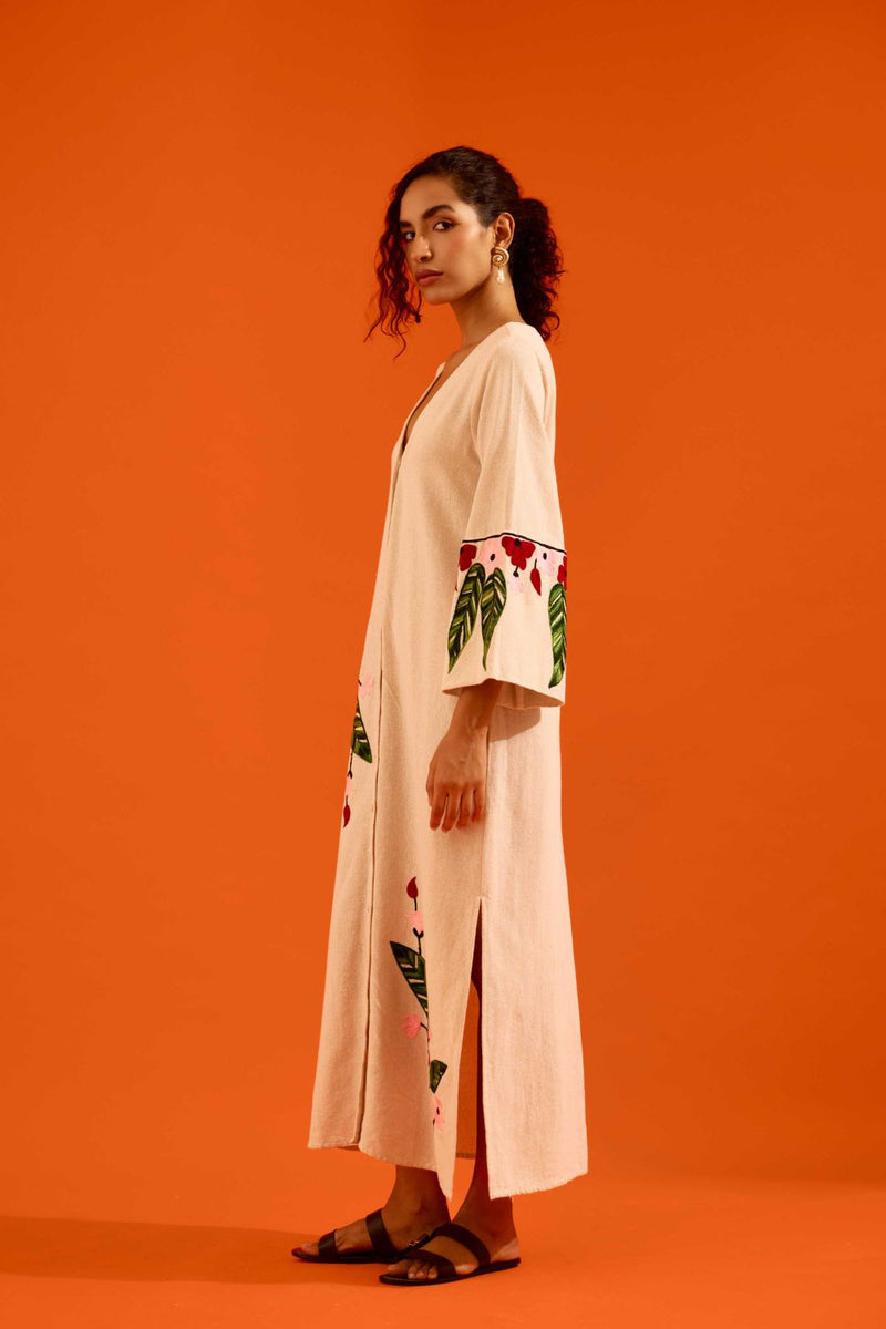 Natural Jute Maxi Dress With Multi Color Floral Thread Embroidery Buy Natural Jute Maxi Dress With Multi Color Floral Thread Embroidery from C&W | Dresses for Women by Indian Summer Story in beige color for women in Singapore