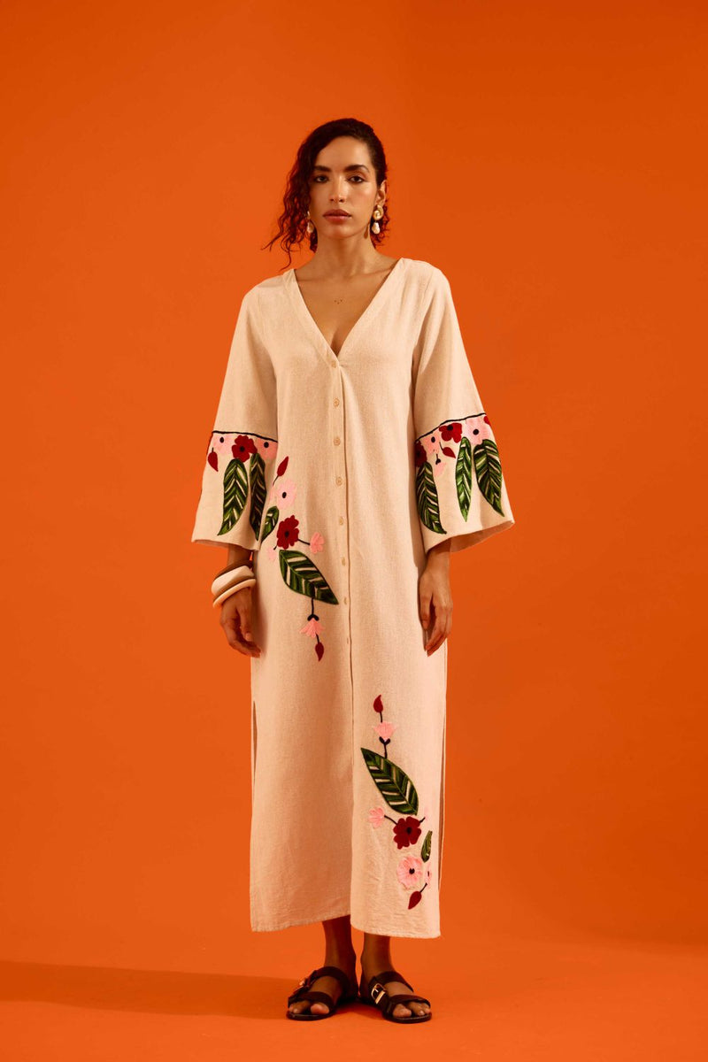Natural Jute Maxi Dress With Multi Color Floral Thread Embroidery Buy Natural Jute Maxi Dress With Multi Color Floral Thread Embroidery from C&W | Dresses for Women by Indian Summer Story in beige color for women in Singapore