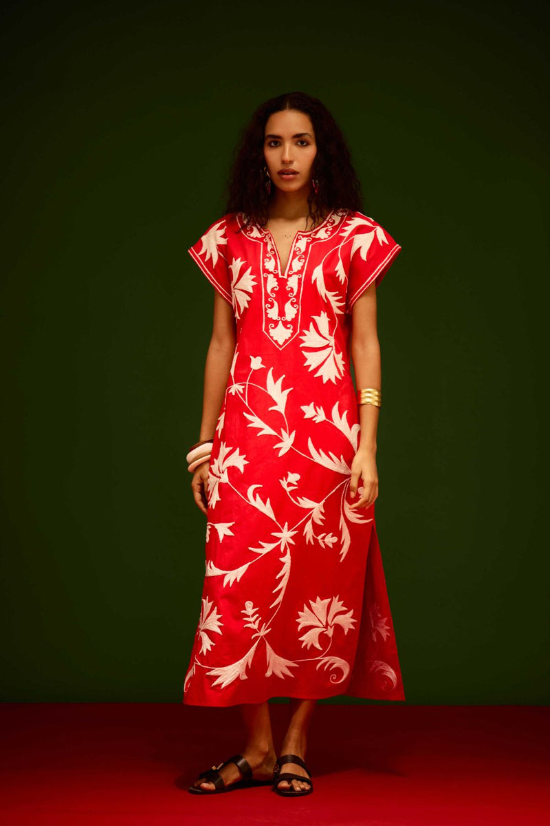 Scarlet Maxi Dress With Ivory Garden Thread Embroidery poplin Buy Scarlet Maxi Dress With Ivory Garden Thread Embroidery from C&W | Dresses for Women by Indian Summer Story in orange color for women in Singapore