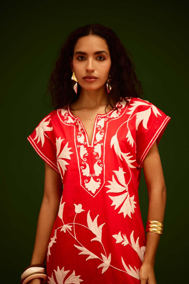 Scarlet Maxi Dress With Ivory Garden Thread Embroidery poplin Buy Scarlet Maxi Dress With Ivory Garden Thread Embroidery from C&W | Dresses for Women by Indian Summer Story in orange color for women in Singapore