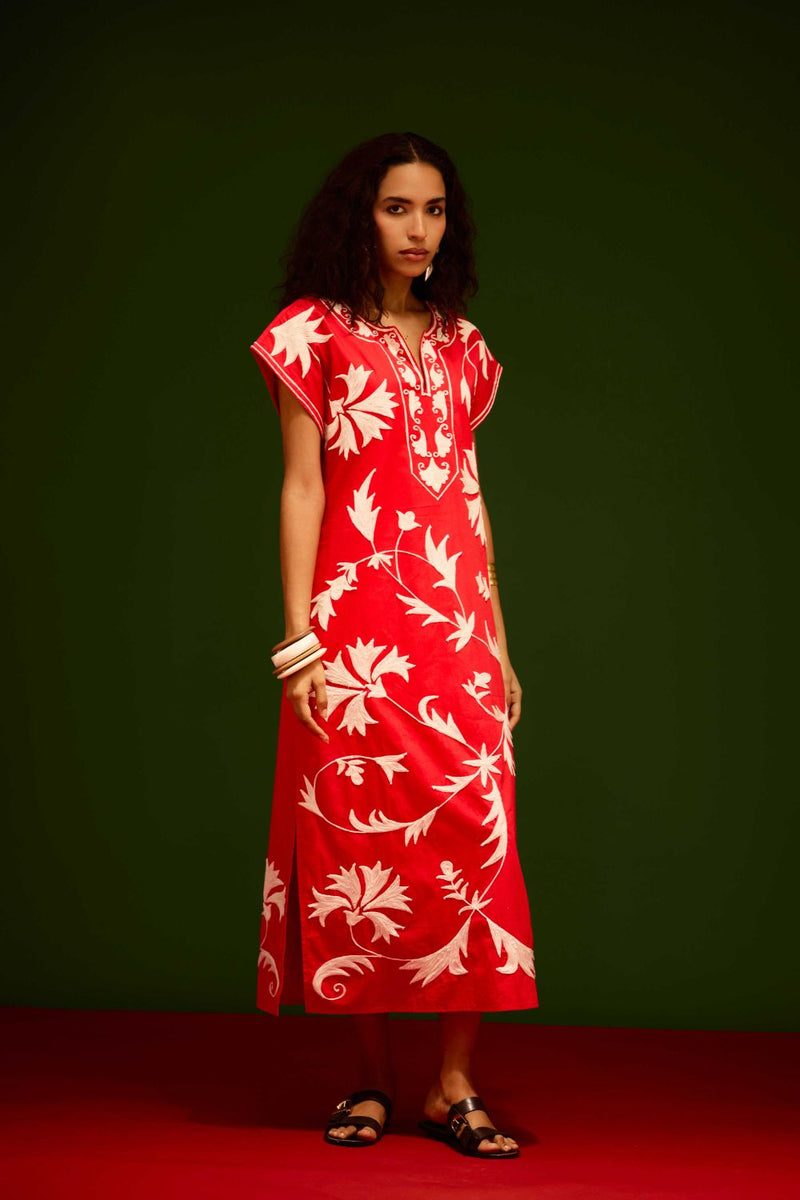 Scarlet Maxi Dress With Ivory Garden Thread Embroidery poplin Buy Scarlet Maxi Dress With Ivory Garden Thread Embroidery from C&W | Dresses for Women by Indian Summer Story in orange color for women in Singapore