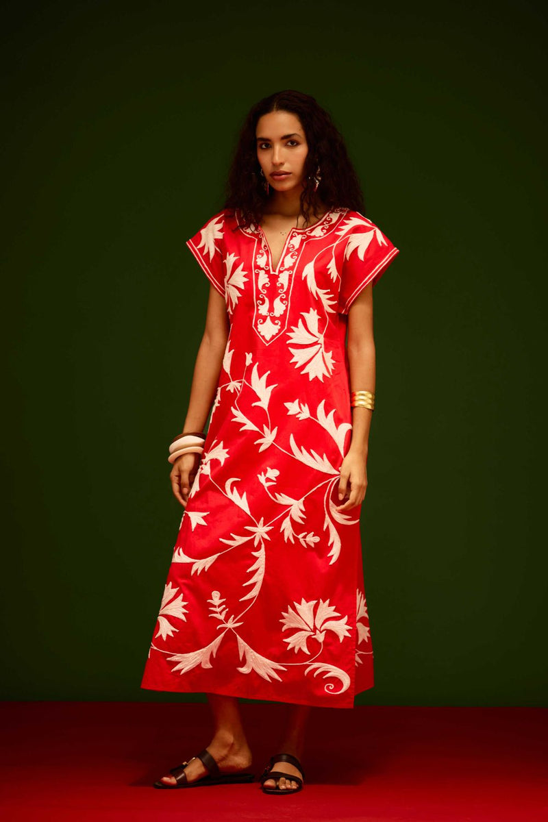 Scarlet Maxi Dress With Ivory Garden Thread Embroidery poplin Buy Scarlet Maxi Dress With Ivory Garden Thread Embroidery from C&W | Dresses for Women by Indian Summer Story in orange color for women in Singapore