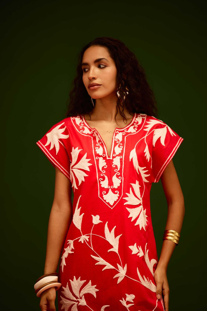 Scarlet Maxi Dress With Ivory Garden Thread Embroidery poplin Buy Scarlet Maxi Dress With Ivory Garden Thread Embroidery from C&W | Dresses for Women by Indian Summer Story in orange color for women in Singapore