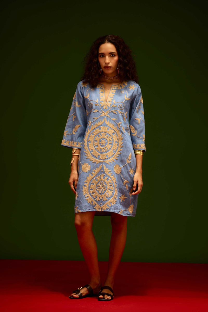 Denim Blue Dress With Natural Wave Thread Embroidery Buy Denim Blue Dress With Natural Wave Thread Embroidery from C&W | Dresses for Women by Indian Summer Story in blue color for women in Singapore