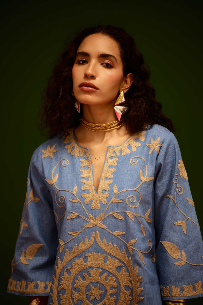 Denim Blue Dress With Natural Wave Thread Embroidery Buy Denim Blue Dress With Natural Wave Thread Embroidery from C&W | Dresses for Women by Indian Summer Story in blue color for women in Singapore