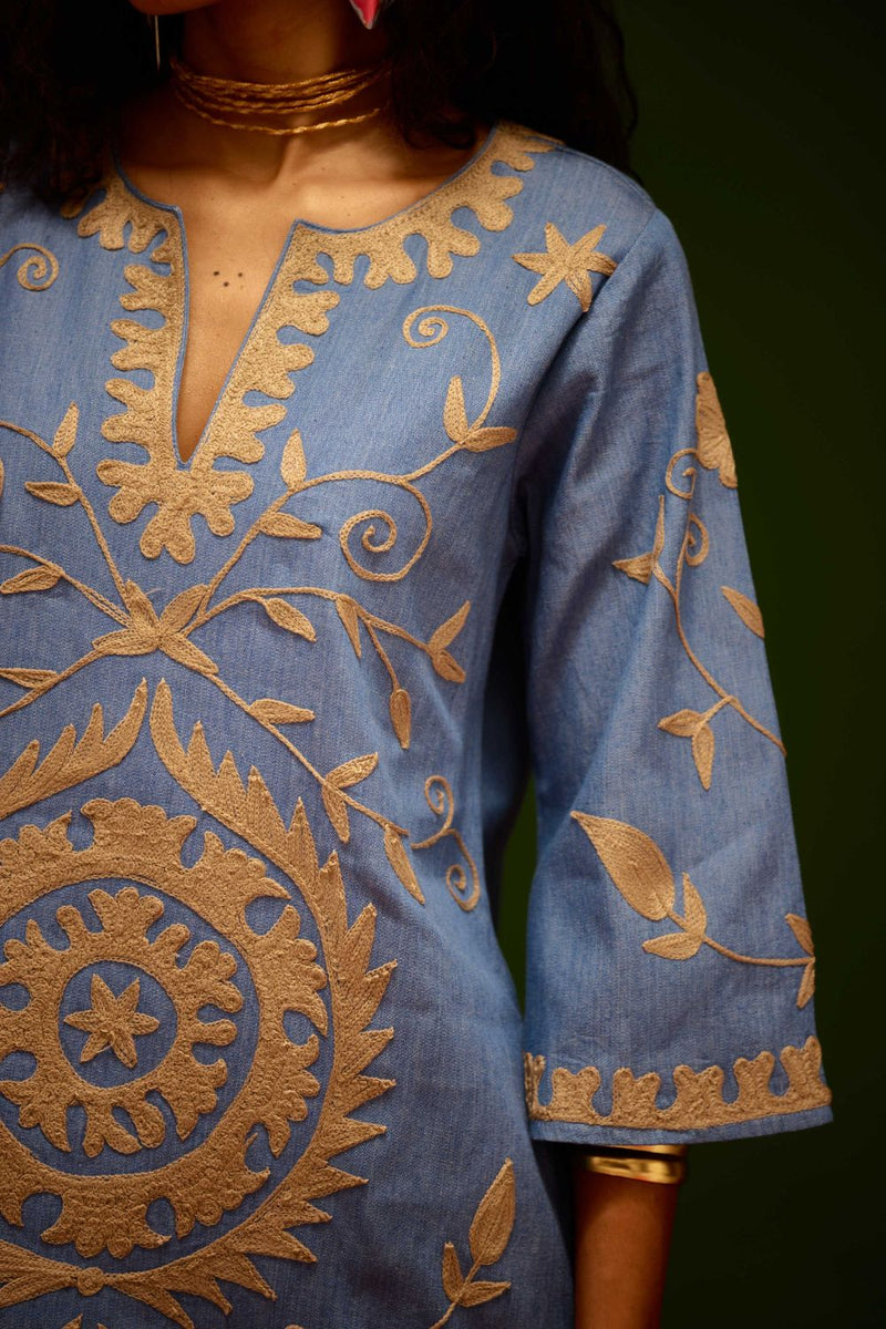 Denim Blue Dress With Natural Wave Thread Embroidery Buy Denim Blue Dress With Natural Wave Thread Embroidery from C&W | Dresses for Women by Indian Summer Story in blue color for women in Singapore
