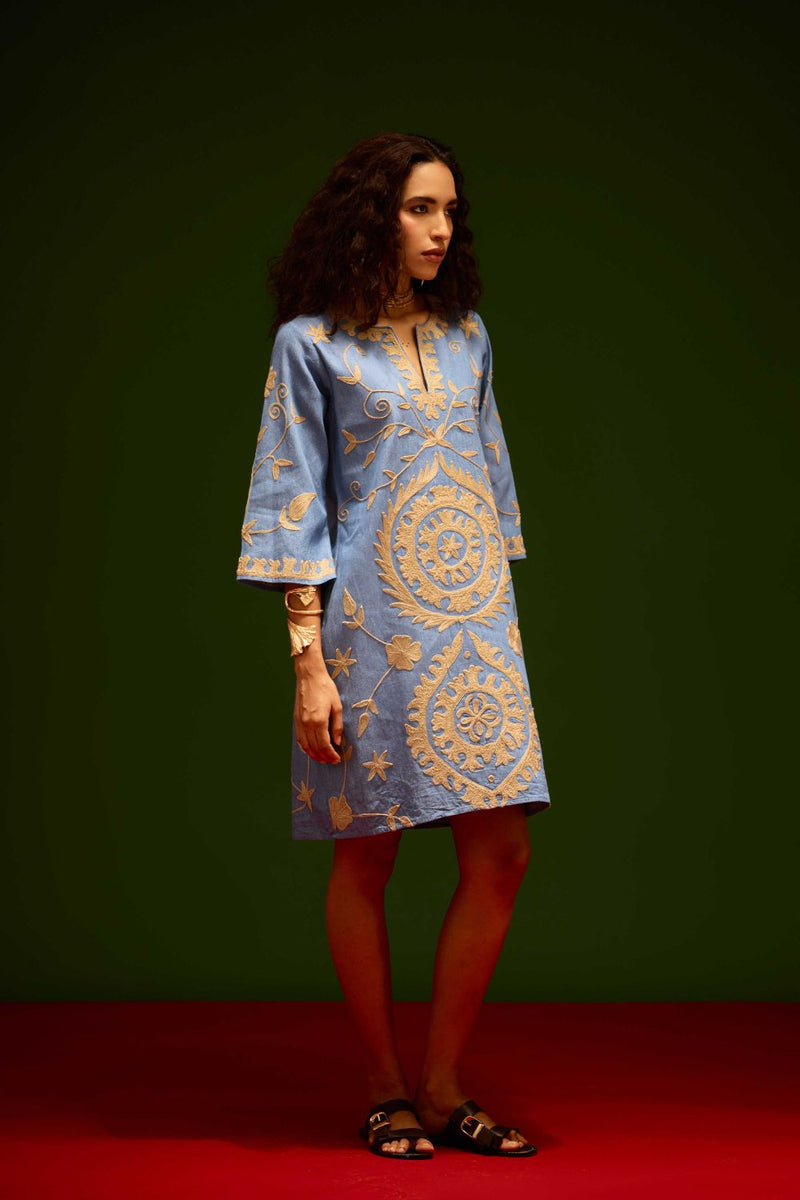 Denim Blue Dress With Natural Wave Thread Embroidery Buy Denim Blue Dress With Natural Wave Thread Embroidery from C&W | Dresses for Women by Indian Summer Story in blue color for women in Singapore