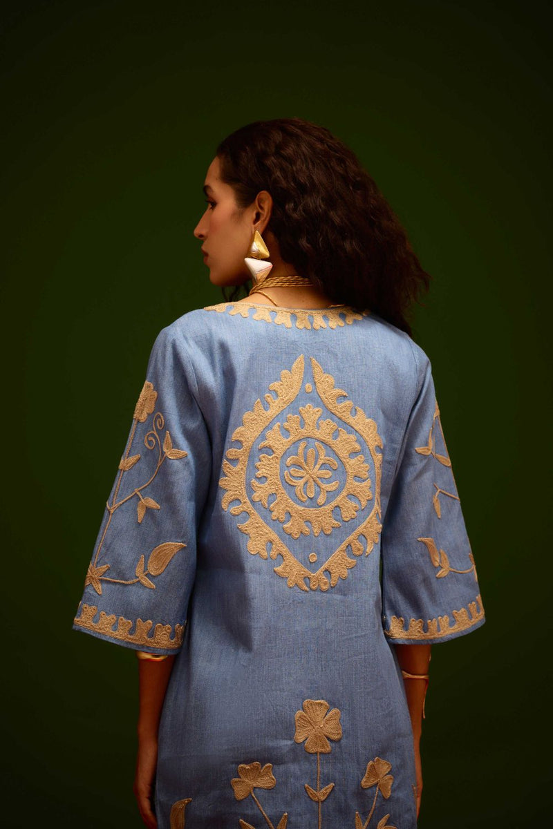 Denim Blue Dress With Natural Wave Thread Embroidery Buy Denim Blue Dress With Natural Wave Thread Embroidery from C&W | Dresses for Women by Indian Summer Story in blue color for women in Singapore