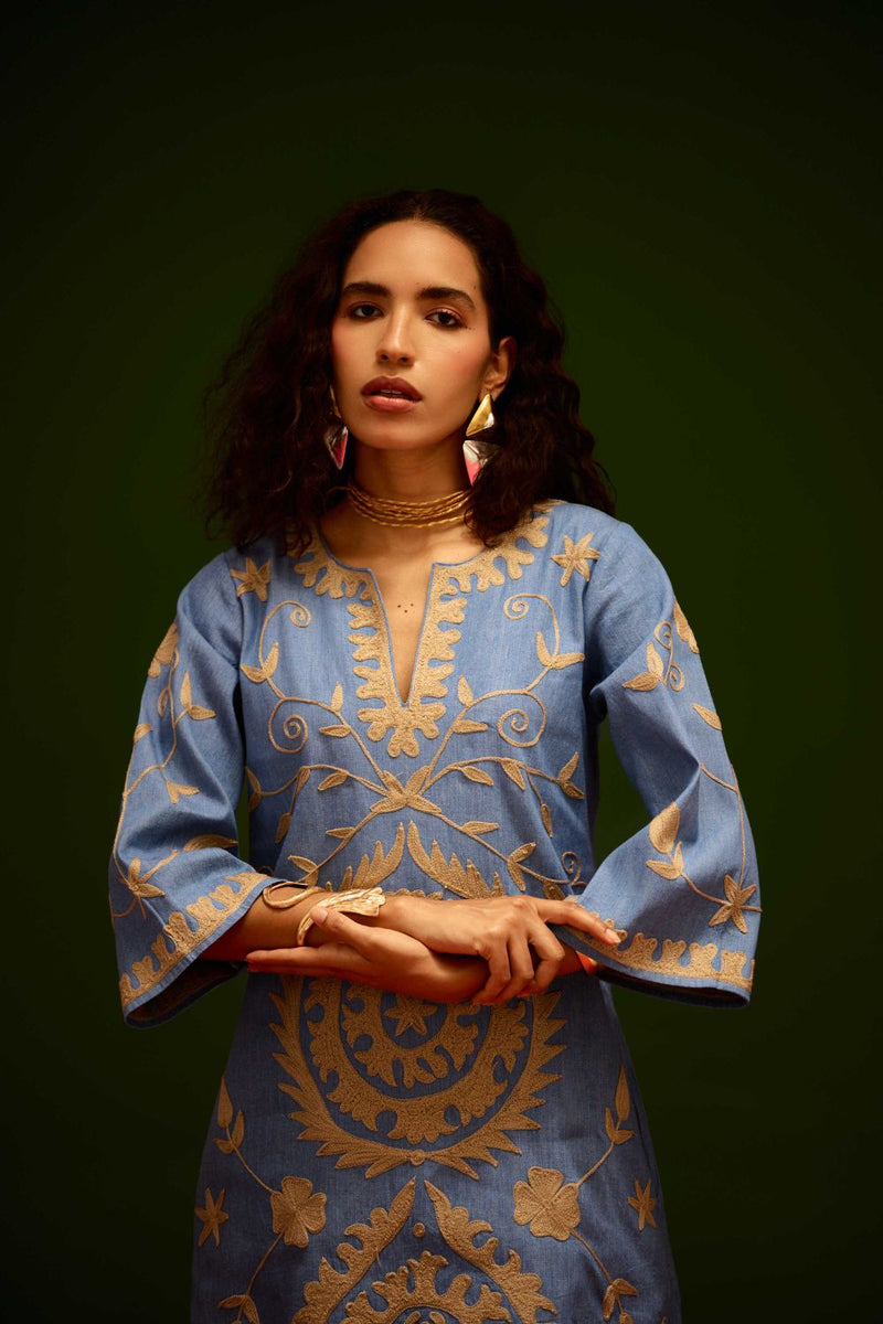 Denim Blue Dress With Natural Wave Thread Embroidery Buy Denim Blue Dress With Natural Wave Thread Embroidery from C&W | Dresses for Women by Indian Summer Story in blue color for women in Singapore