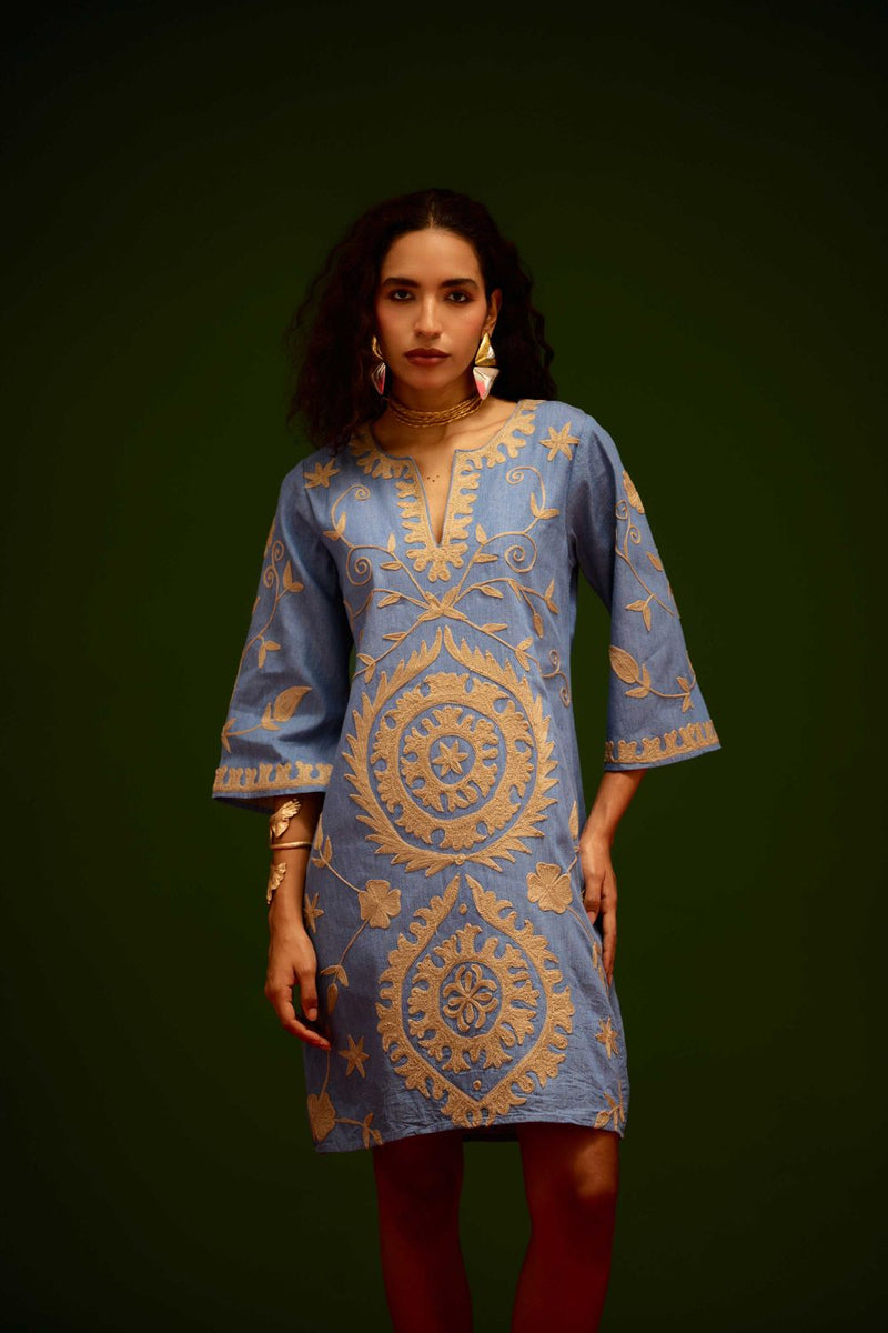 Denim Blue Dress With Natural Wave Thread Embroidery Buy Denim Blue Dress With Natural Wave Thread Embroidery from C&W | Dresses for Women by Indian Summer Story in blue color for women in Singapore