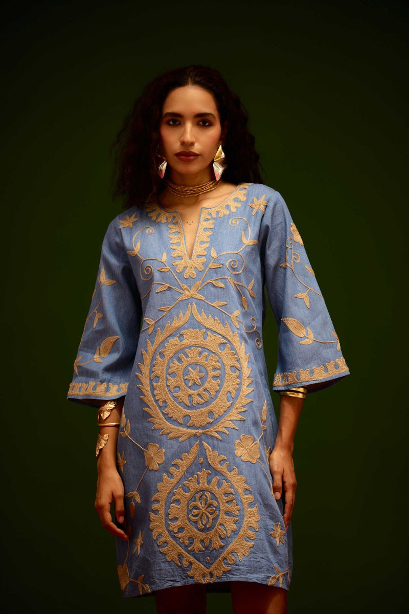 Denim Blue Dress With Natural Wave Thread Embroidery Buy Denim Blue Dress With Natural Wave Thread Embroidery from C&W | Dresses for Women by Indian Summer Story in blue color for women in Singapore