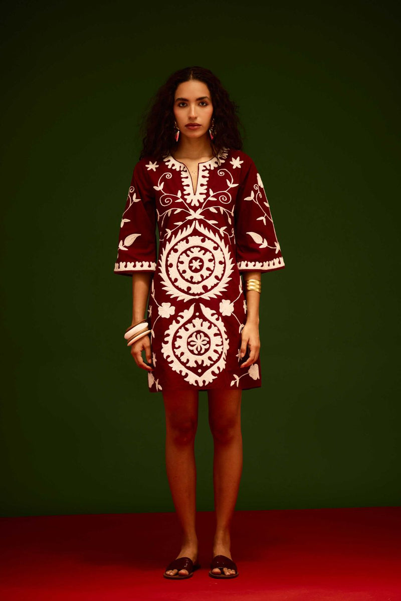 Burgundy Wine Cotton Dress With Ivory Wave Thread Embroidery Buy Burgundy Wine Cotton Dress With Ivory Wave Thread Embroidery from C&W | Dresses for Women by Indian Summer Story for women in Singapore