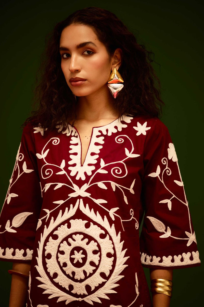 Burgundy Wine Cotton Dress With Ivory Wave Thread Embroidery Buy Burgundy Wine Cotton Dress With Ivory Wave Thread Embroidery from C&W | Dresses for Women by Indian Summer Story for women in Singapore
