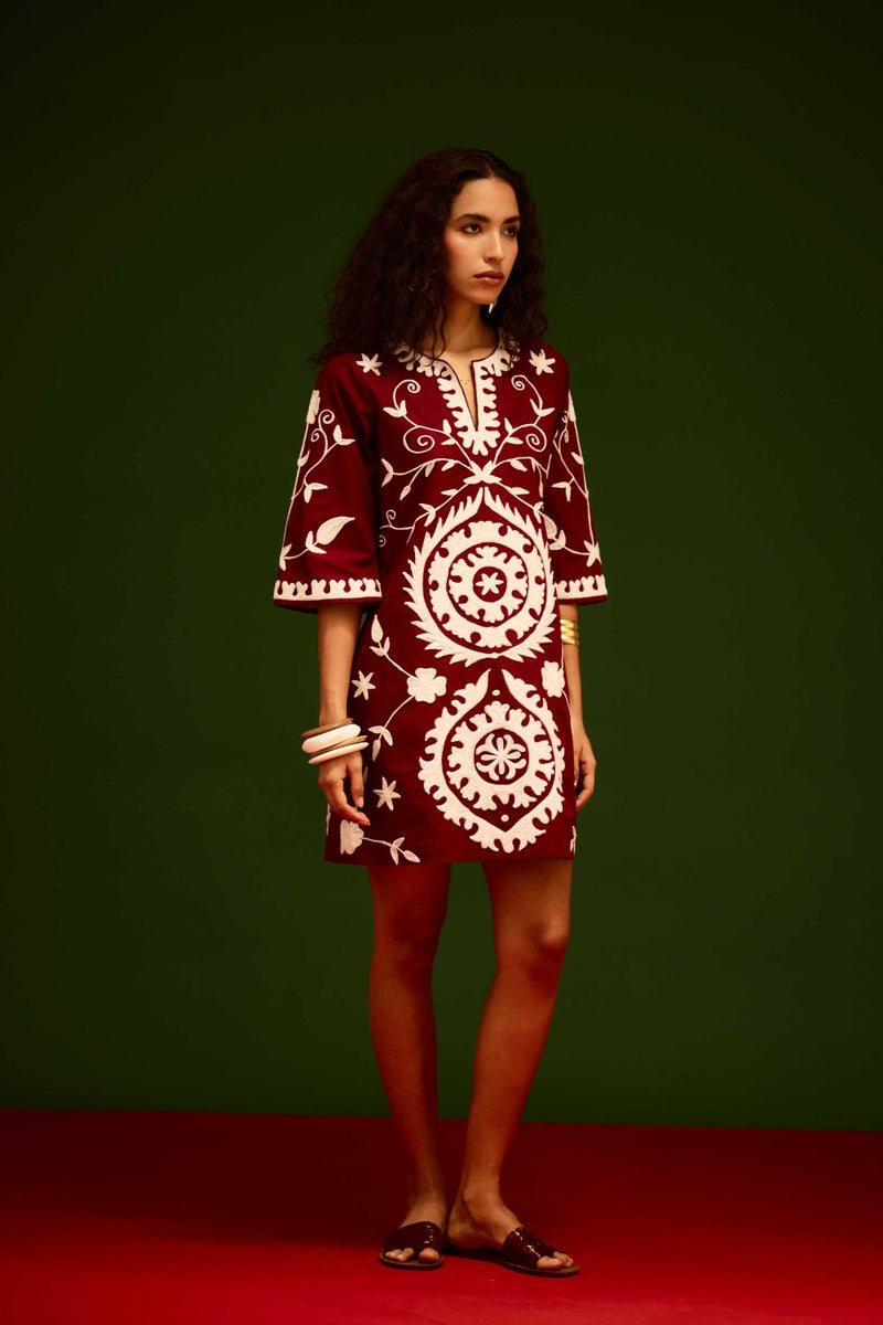 Burgundy Wine Cotton Dress With Ivory Wave Thread Embroidery Buy Burgundy Wine Cotton Dress With Ivory Wave Thread Embroidery from C&W | Dresses for Women by Indian Summer Story for women in Singapore