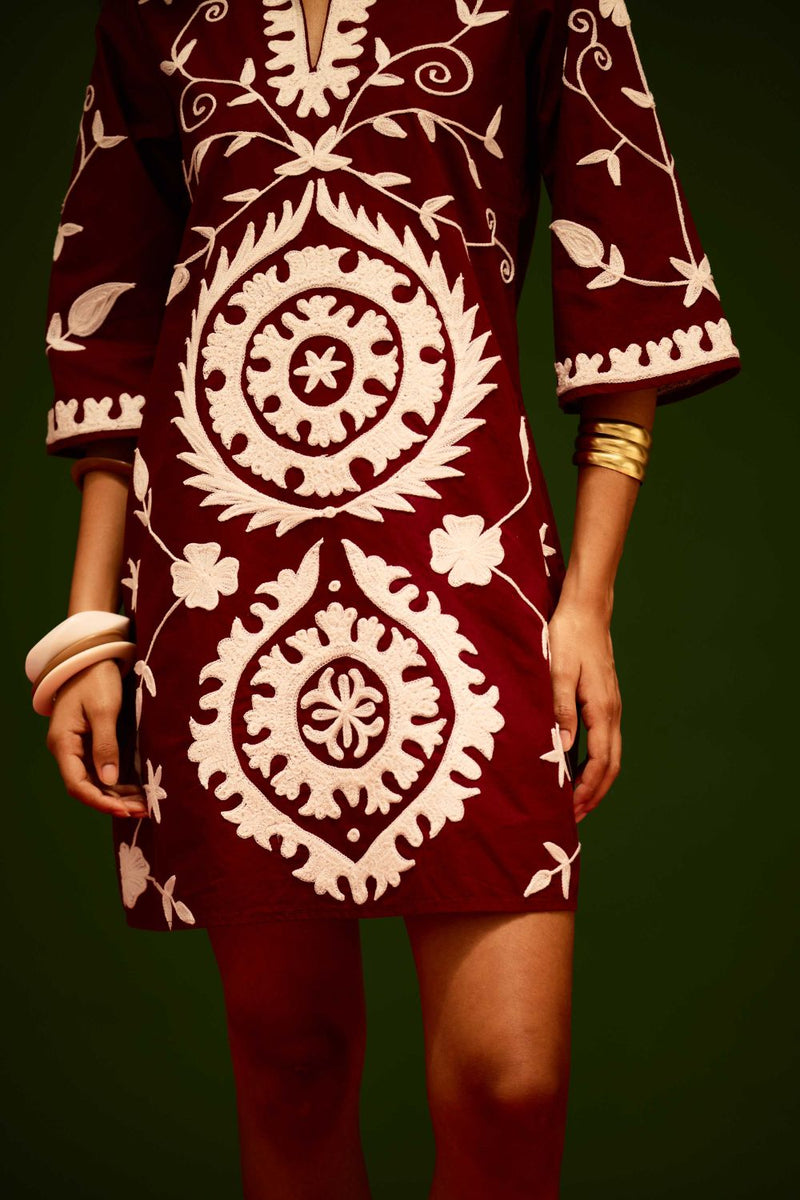 Burgundy Wine Cotton Dress With Ivory Wave Thread Embroidery Buy Burgundy Wine Cotton Dress With Ivory Wave Thread Embroidery from C&W | Dresses for Women by Indian Summer Story for women in Singapore