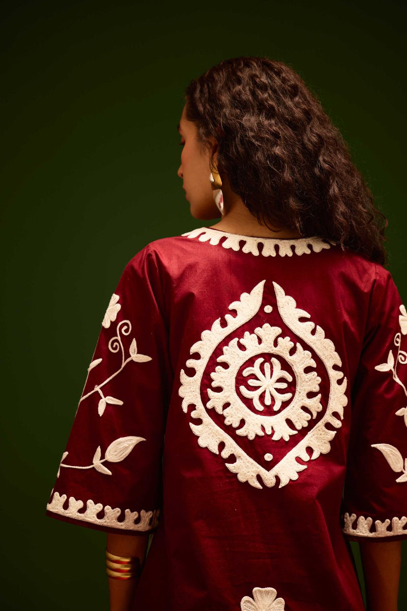 Burgundy Wine Cotton Dress With Ivory Wave Thread Embroidery Buy Burgundy Wine Cotton Dress With Ivory Wave Thread Embroidery from C&W | Dresses for Women by Indian Summer Story for women in Singapore