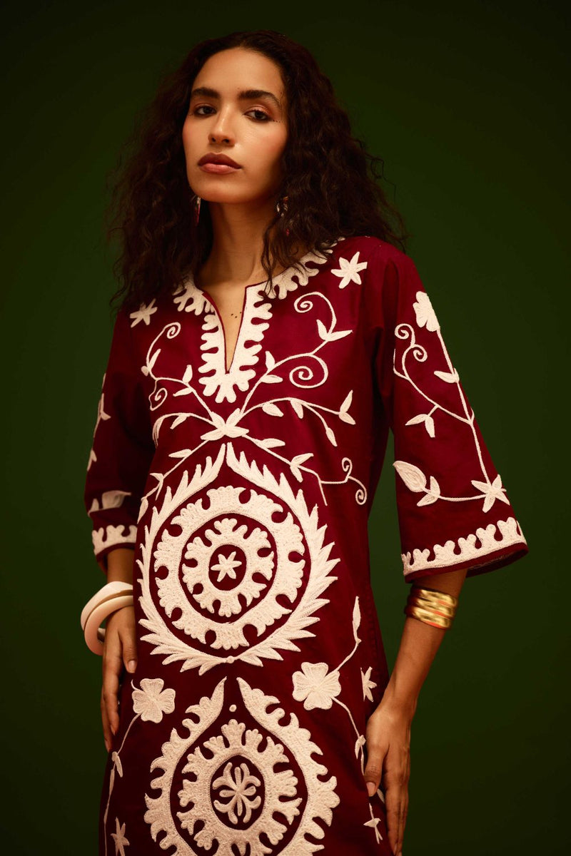 Burgundy Wine Cotton Dress With Ivory Wave Thread Embroidery Buy Burgundy Wine Cotton Dress With Ivory Wave Thread Embroidery from C&W | Dresses for Women by Indian Summer Story for women in Singapore