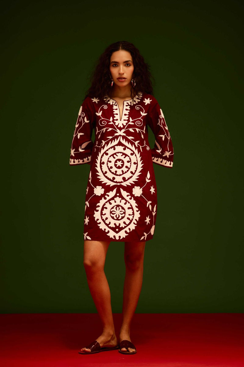 Burgundy Wine Cotton Dress With Ivory Wave Thread Embroidery Buy Burgundy Wine Cotton Dress With Ivory Wave Thread Embroidery from C&W | Dresses for Women by Indian Summer Story for women in Singapore