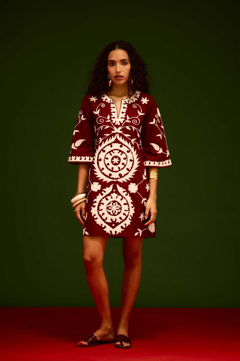 Burgundy Wine Cotton Dress With Ivory Wave Thread Embroidery Buy Burgundy Wine Cotton Dress With Ivory Wave Thread Embroidery from C&W | Dresses for Women by Indian Summer Story for women in Singapore