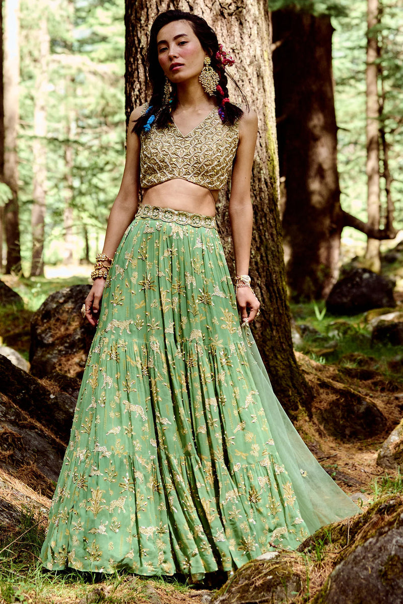 Twyla Lehenga Set georgettte by Paulmi & Harsh-kahan Sep'26 in green for women in Singapore