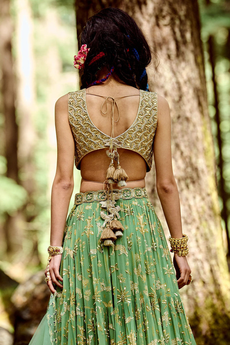Twyla Lehenga Set georgettte by Paulmi & Harsh-kahan Sep'26 in green for women in Singapore