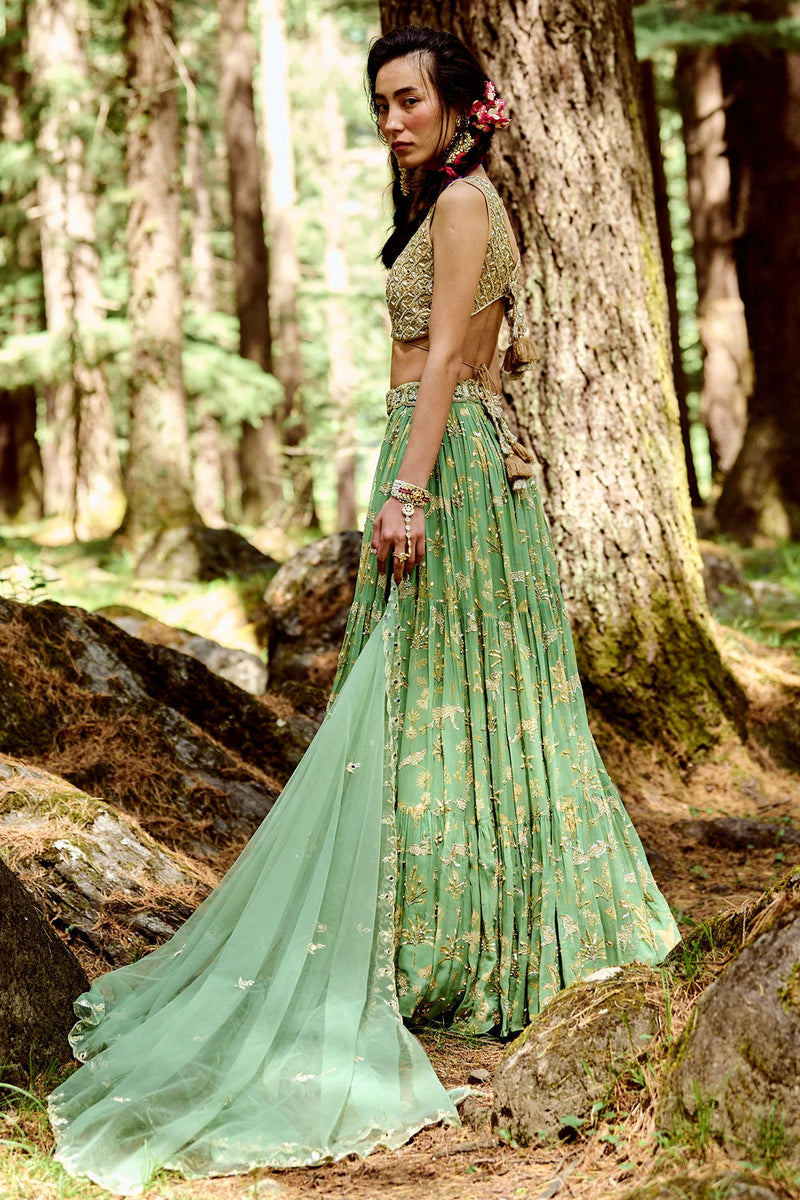 Twyla Lehenga Set georgettte by Paulmi & Harsh-kahan Sep'26 in green for women in Singapore