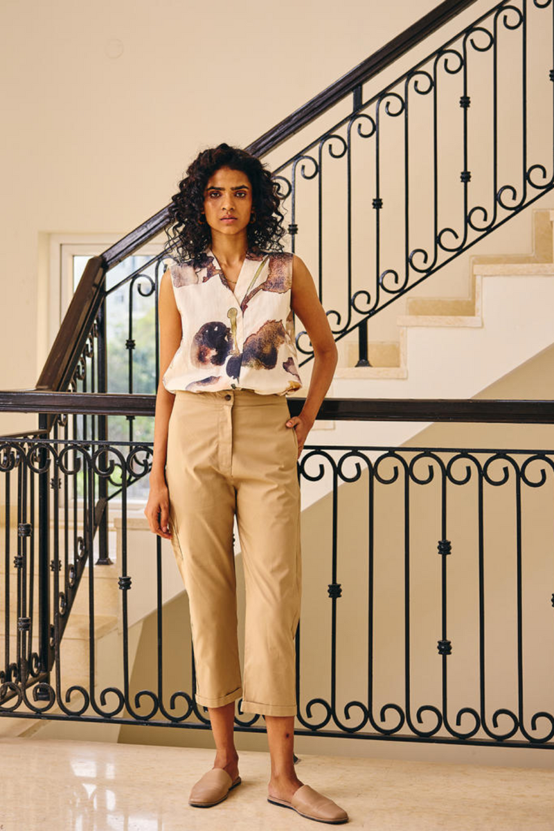 Tailored Straight Pants twill by Khara Kapas in beige for women in Singapore