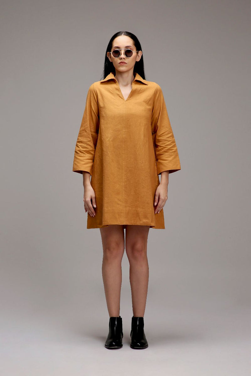 Tan-Brown A-Line Shift Dress cotton by Mati in brown color for women in Singapore