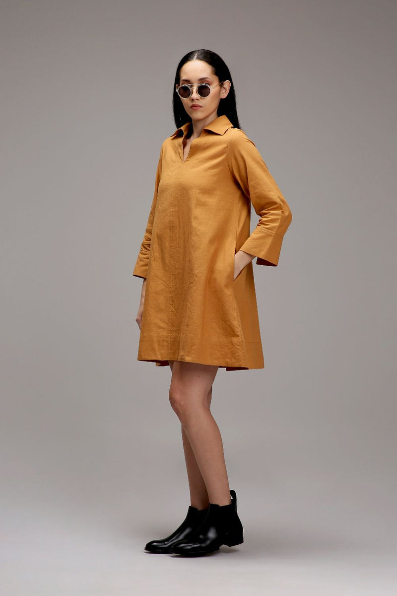 Tan-Brown A-Line Shift Dress cotton by Mati in brown color for women in Singapore