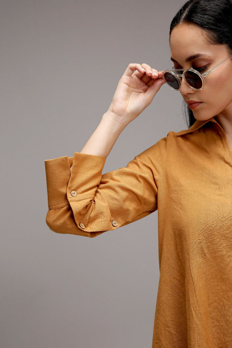 Tan-Brown A-Line Shift Dress cotton by Mati in brown color for women in Singapore