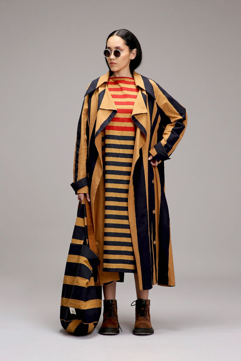 Tan-Brown Big Striped Trench Jacket cotton by Mati in brown color for women in Singapore