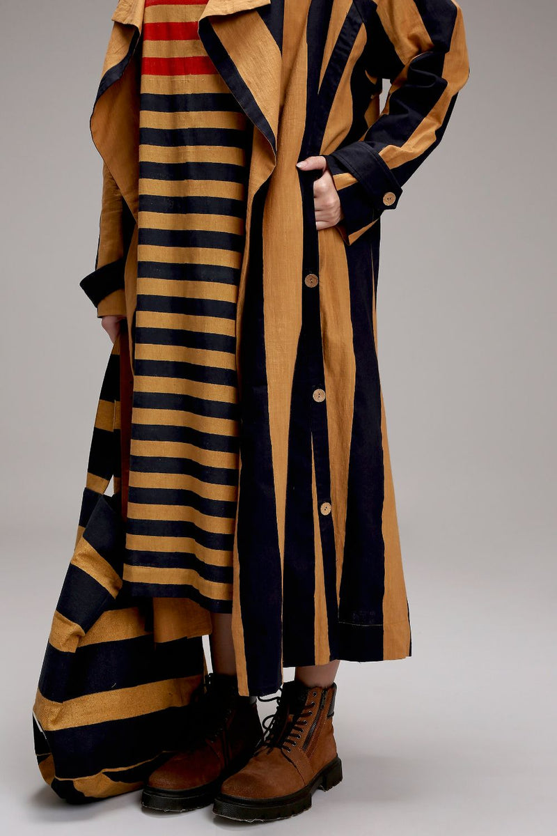 Tan-Brown Big Striped Trench Jacket cotton by Mati in brown color for women in Singapore