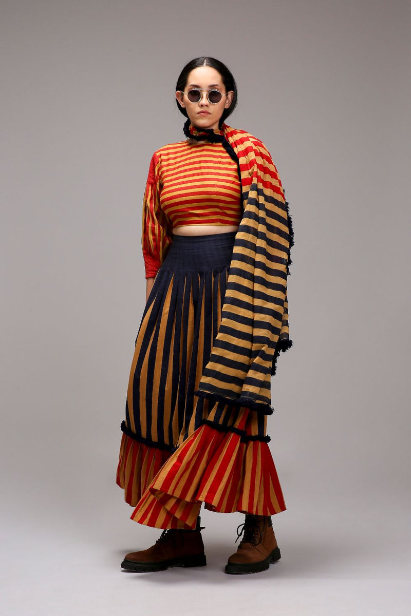 Tan-Brown Blue Red Dual Striped Skirt cotton by Mati in brown color for women in Singapore