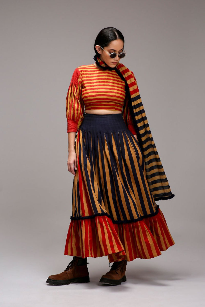 Tan-Brown Blue Red Dual Striped Skirt cotton by Mati in brown color for women in Singapore