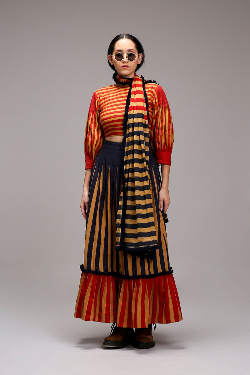 Tan-Brown Blue Red Dual Striped Skirt cotton by Mati in brown color for women in Singapore