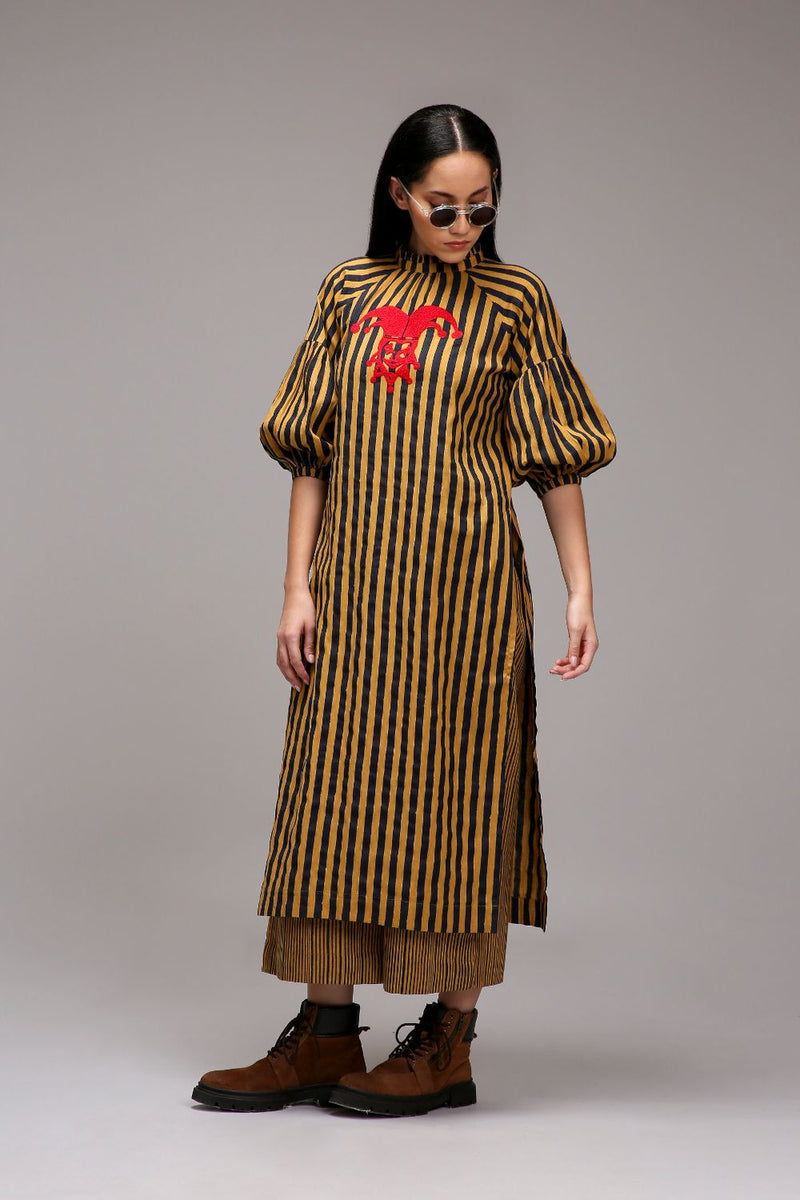 Tan-Brown Blue Striped Big Joker Tunic cotton by Mati in brown color for women in Singapore