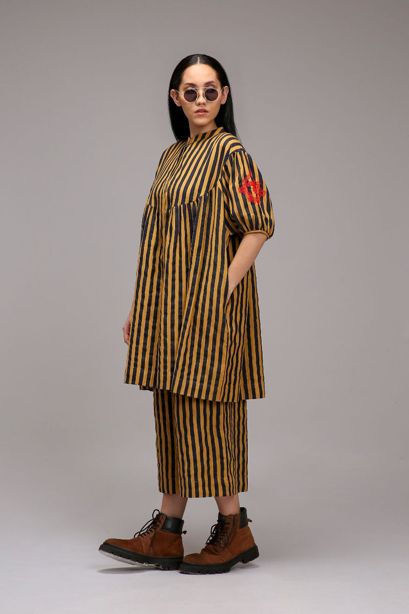 Tan-Brown Blue Striped Capre Pants cotton by Mati in brown color for women in Singapore