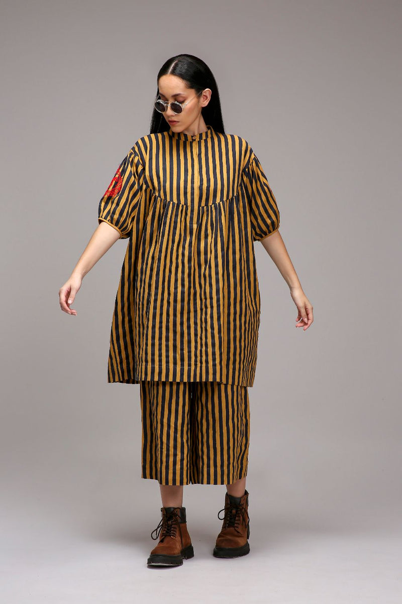 Tan-Brown Blue Striped Capre Pants cotton by Mati in brown color for women in Singapore