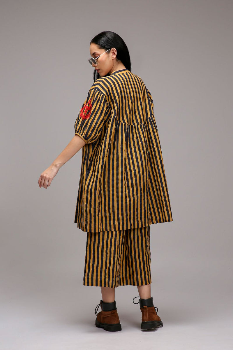 Tan-Brown Blue Striped Capre Pants cotton by Mati in brown color for women in Singapore