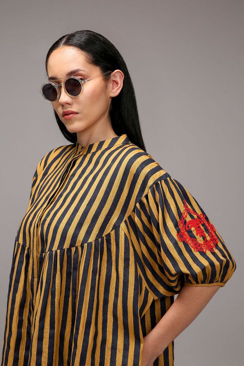 Tan-Brown Blue Striped Short Acra Tunic cotton by Mati in brown color for women in Singapore
