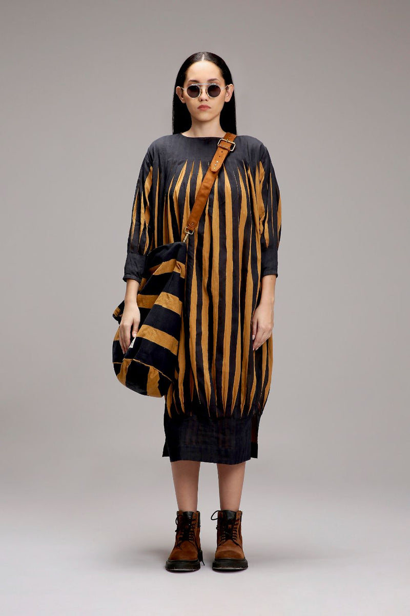 Tan-Brown Blue Striped Balloon Dress cotton by Mati in brown color for women in Singapore