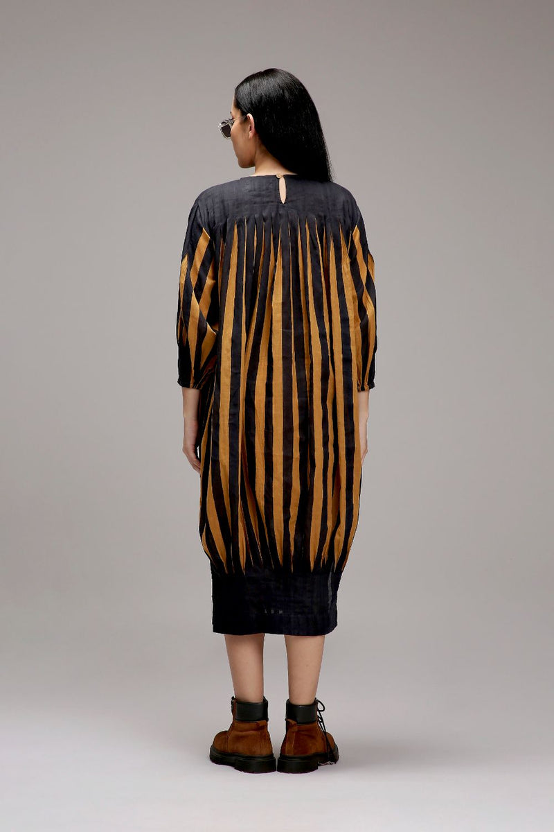 Tan-Brown Blue Striped Balloon Dress cotton by Mati in brown color for women in Singapore