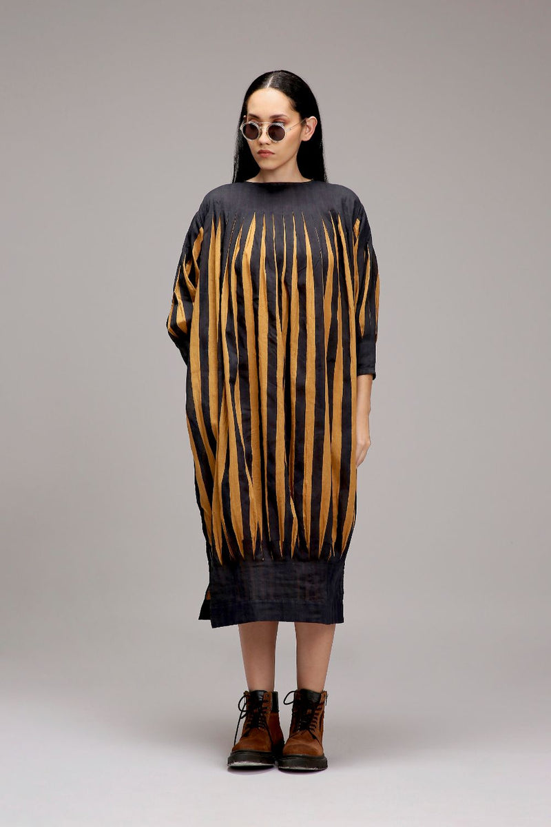 Tan-Brown Blue Striped Balloon Dress cotton by Mati in brown color for women in Singapore