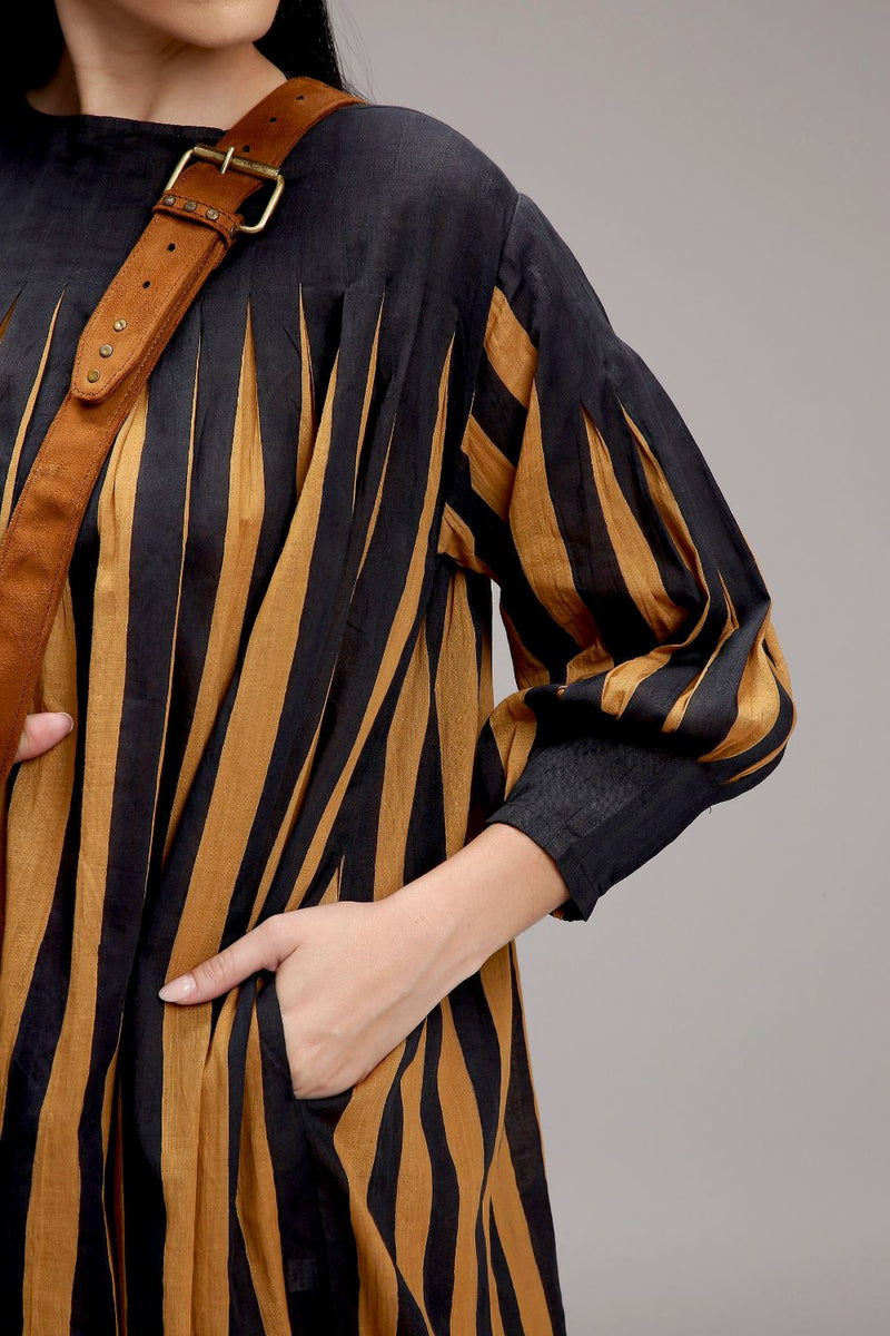 Tan-Brown Blue Striped Balloon Dress cotton by Mati in brown color for women in Singapore