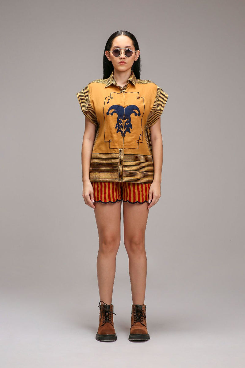 Tan-Brown Blue Striped Blue Joker Shirt cotton by Mati in brown color for women in Singapore